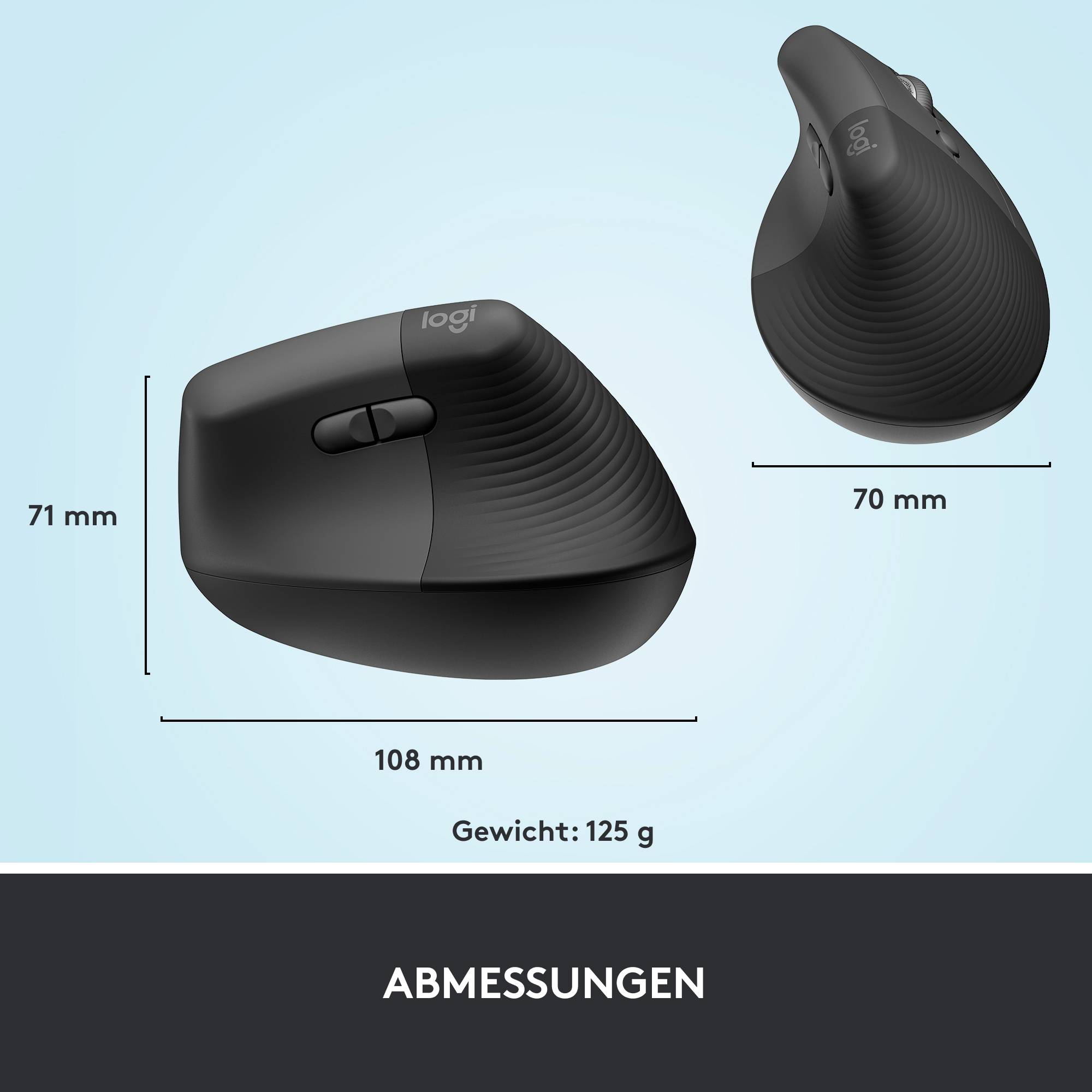 Pogled odozgo i sa strane ergonomičnog bežičnog miša u crnoj boji s dimenzijama: 71 mm visok, 108 mm dug, 70 mm širok, težina: 125 g.