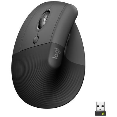 Ergonomski crni računalni miš s vertikalnim dizajnom, kotačićem za pomicanje i više tipki; USB dongle za bežično povezivanje.