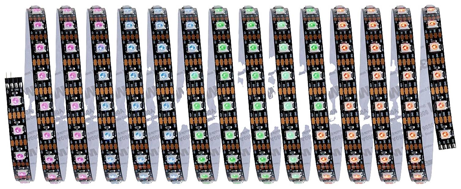 LED trake posložene u različitim bojama, uključujući crvenu, zelenu i plavu. Idealne za dekorativna rasvjetna rješenja.