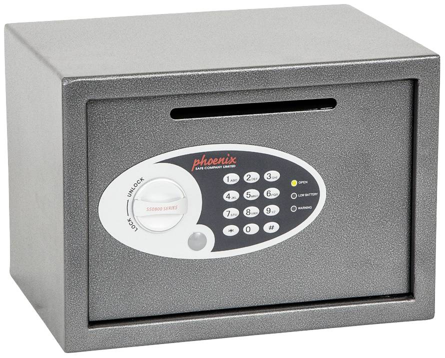 Sivi trezor s digitalnim brojčanikom i ključaonicom, pogodan za čuvanje dragocjenosti. Utor za pisma na vrhu.