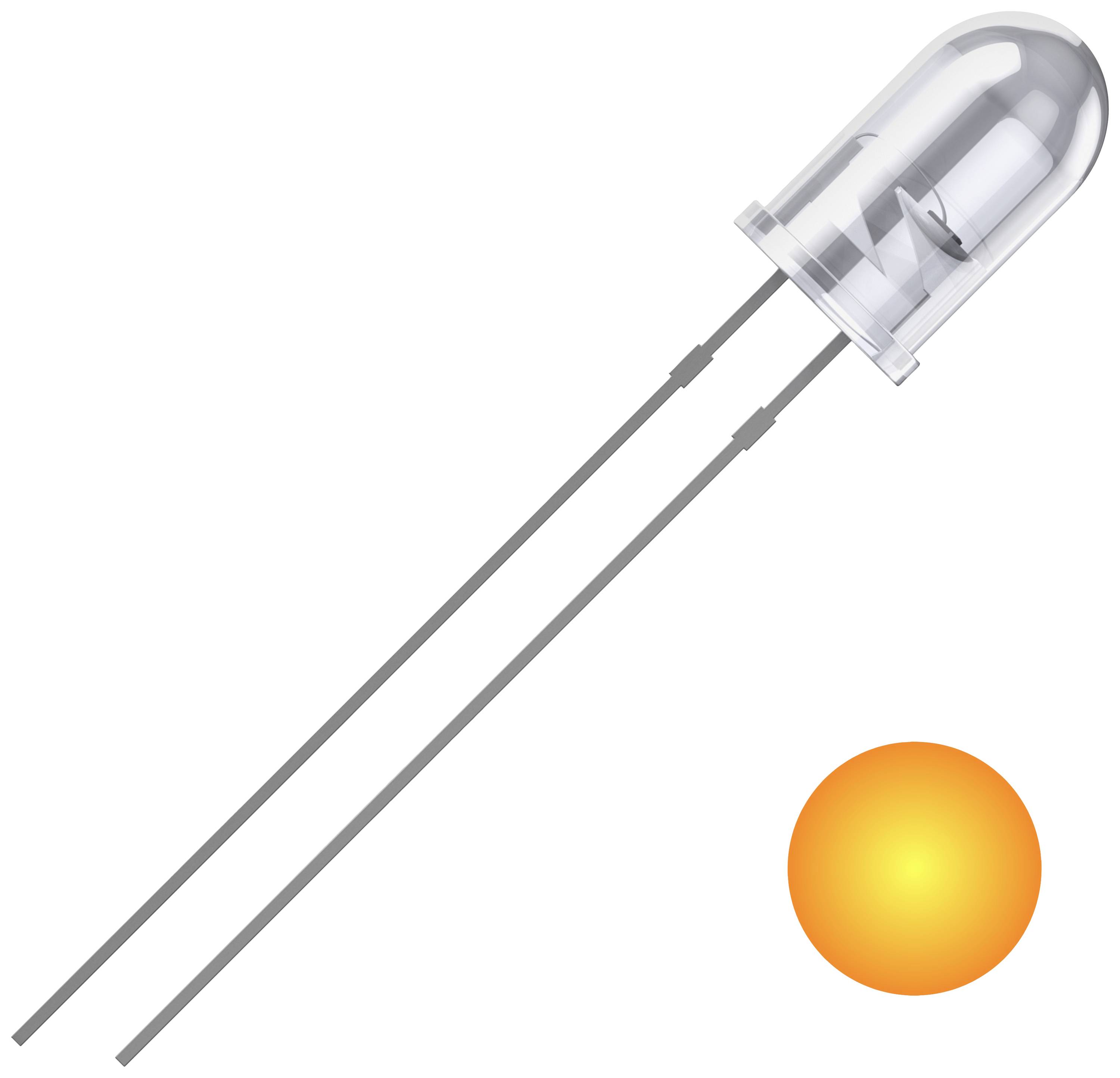 Bijela LED dioda s dva duga priključna žica, pored nje narančasti svijetleći krug koji simbolizira LED funkciju.