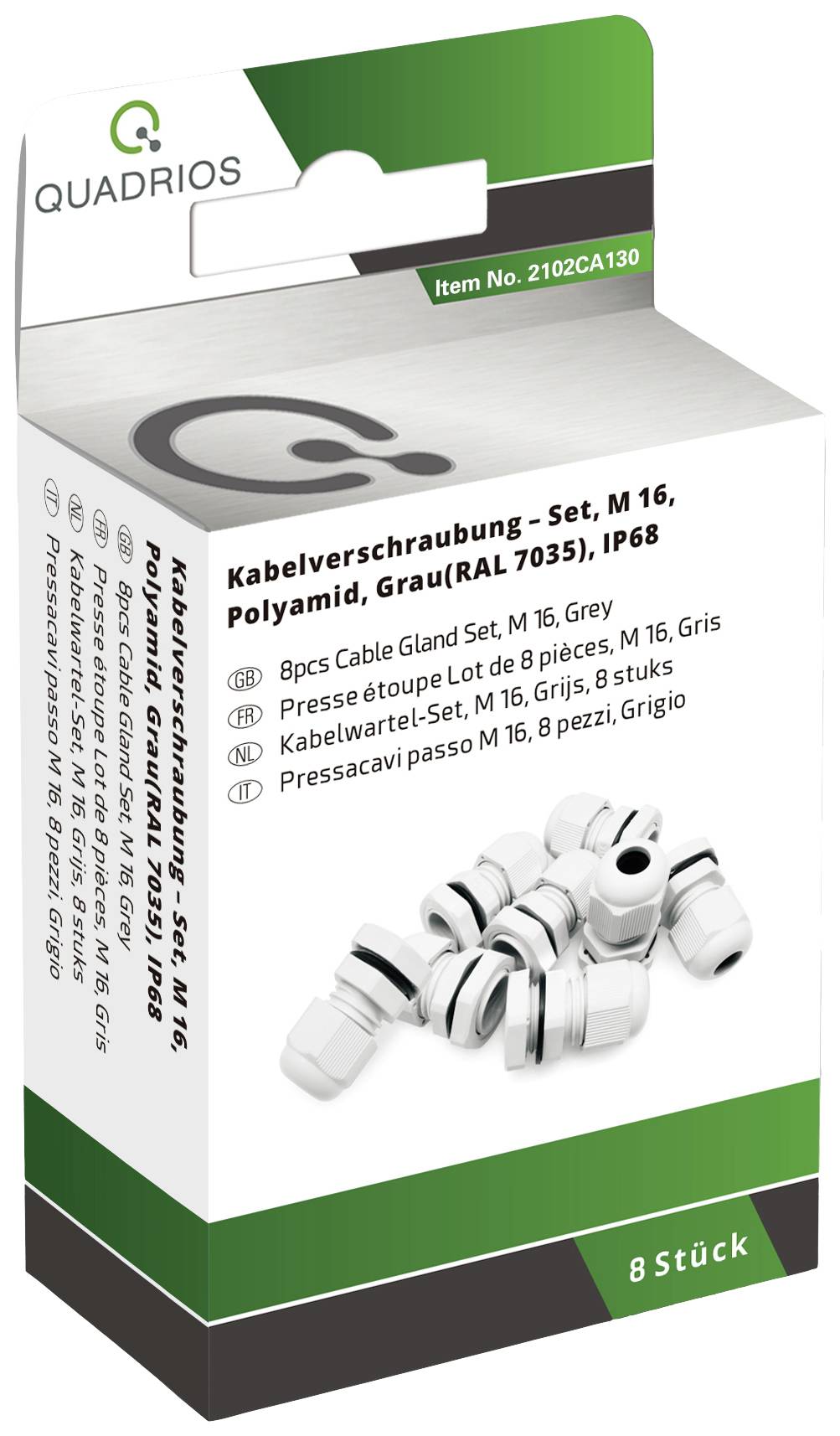 Komplet kabelskih uvodnica, M 16, poliamid, siva (RAL 7035), IP68, 8 komada. Sadrži kabelske uvodnice za elektroničke svrhe.
