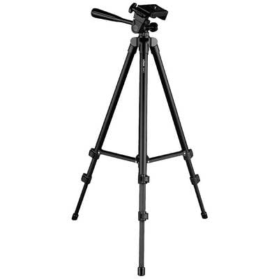 Crni stativ za kameru s tri podesive noge i zakretnom glavom. Idealan za fotografiju ili snimanje videozapisa.