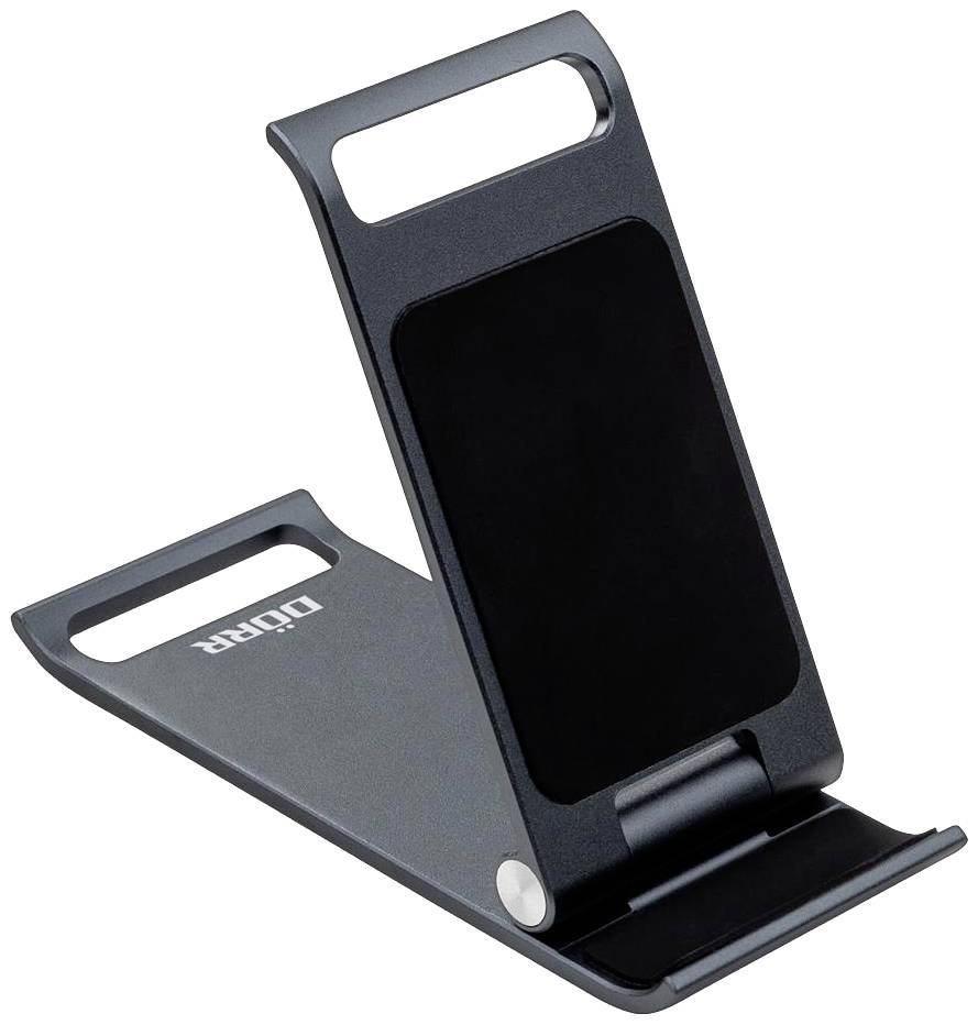 Crni podesivi stalak za pametni telefon izrađen od metala, prikazuje vitku, sklopljivu formu s protukliznom površinom i logotipom marke.
