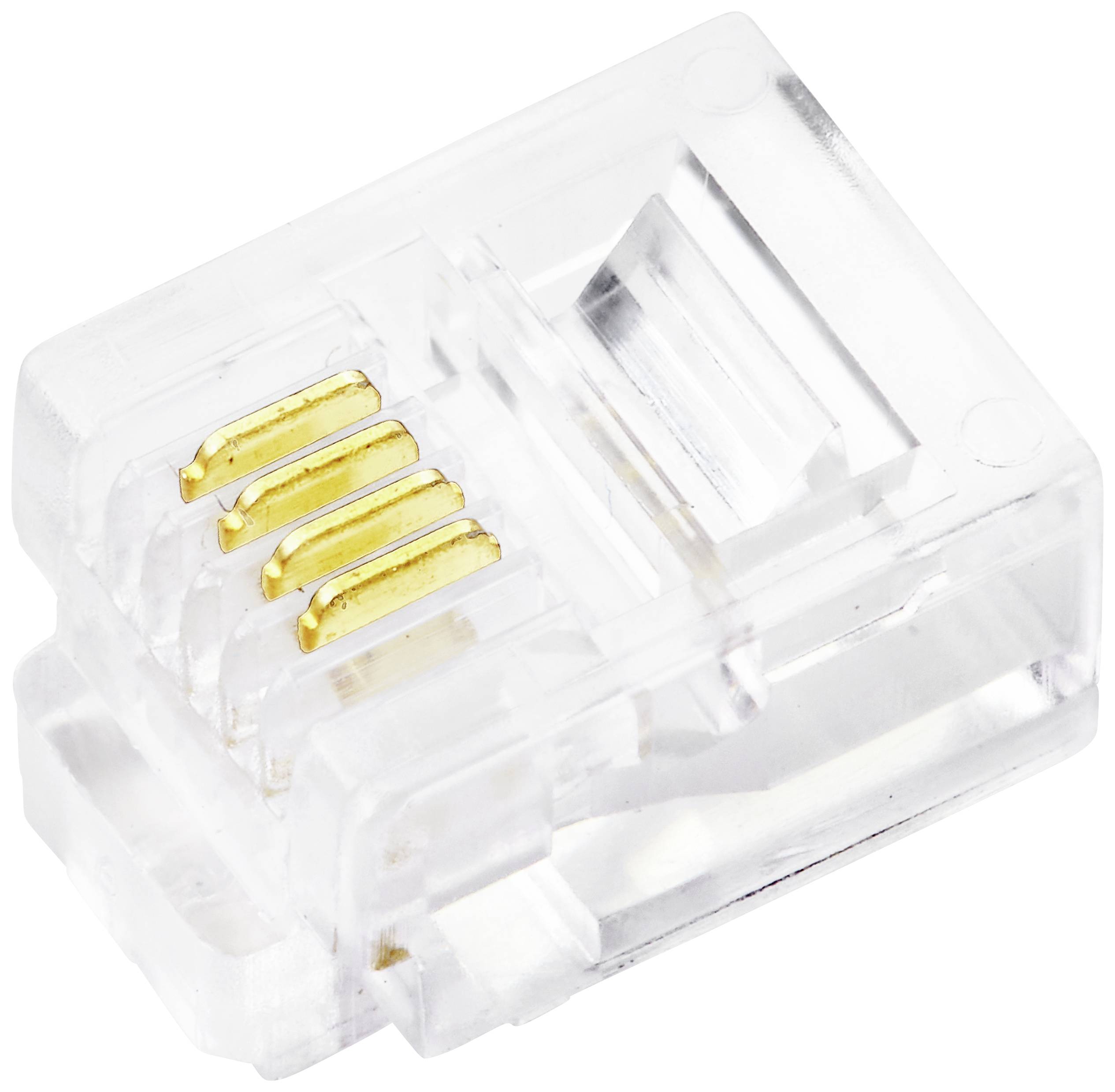 RJ-45 utikač od prozirnog plastičnog materijala sa zlatnim kontaktima, uobičajeno korišten za mrežne kabelske spojeve.