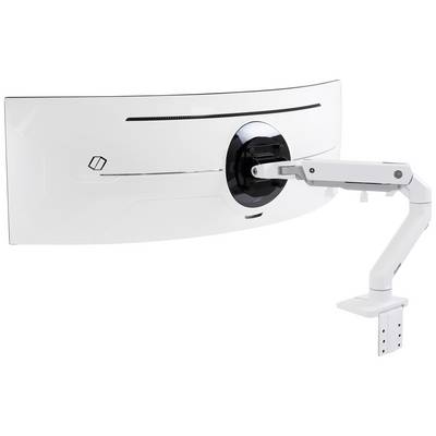 Zakrivljeni, bijeli Ultra-Wide monitor pričvršćen na fleksibilnu, bijelu nosač monitora, prikazan straga.