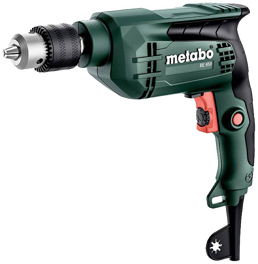 Električna bušilica Metabo, model BE 650, zelena boja, s ergonomskom ručkom i metalnim steznim šiljkom za bušenje.