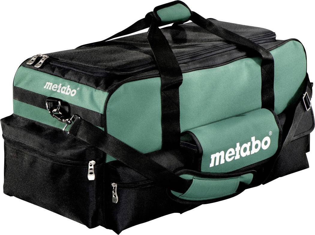 Crna i zelena Metabo torba za alate s remenom za nošenje preko ramena i džepovima sa zatvaračem na bijeloj pozadini.
