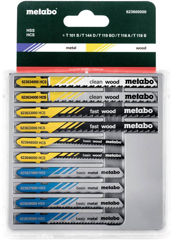 Metabo kompletan set pilastih lista za ubodnu pilu u plastičnoj ambalaži, označen za rezanje metala i drva, s više lista za "čisto rezanje drva", "brzo rezanje drva" i "osnovni metal".