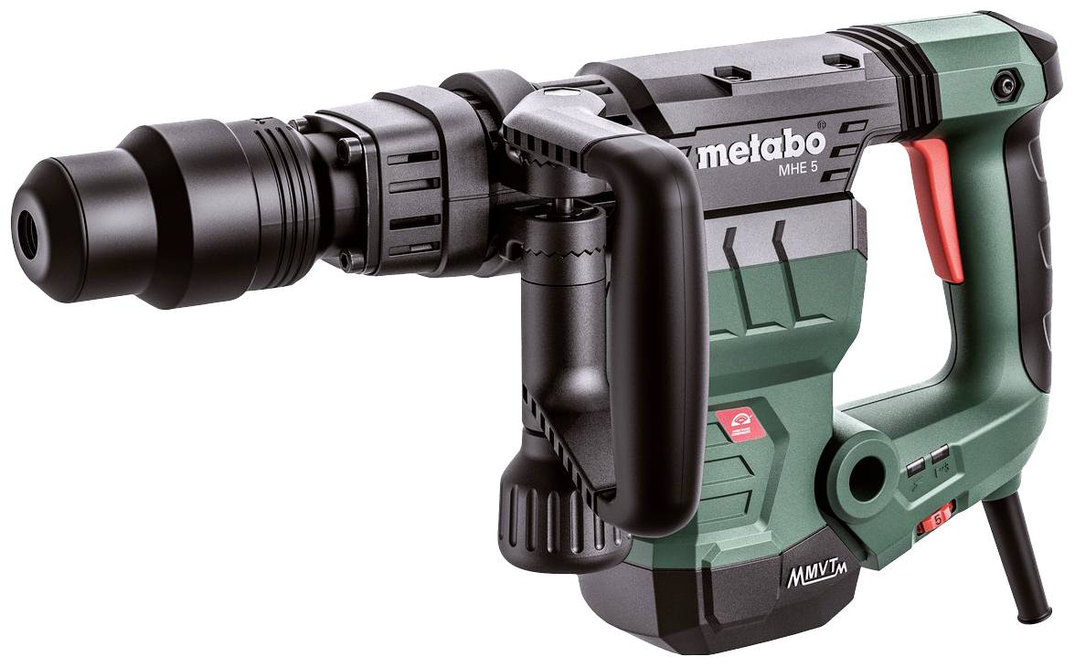 Zeleni Metabo bušni čekić, model MHE 5, s crvenim okidačem i crnom ručkom, prikazan pod izometrijskim kutom.