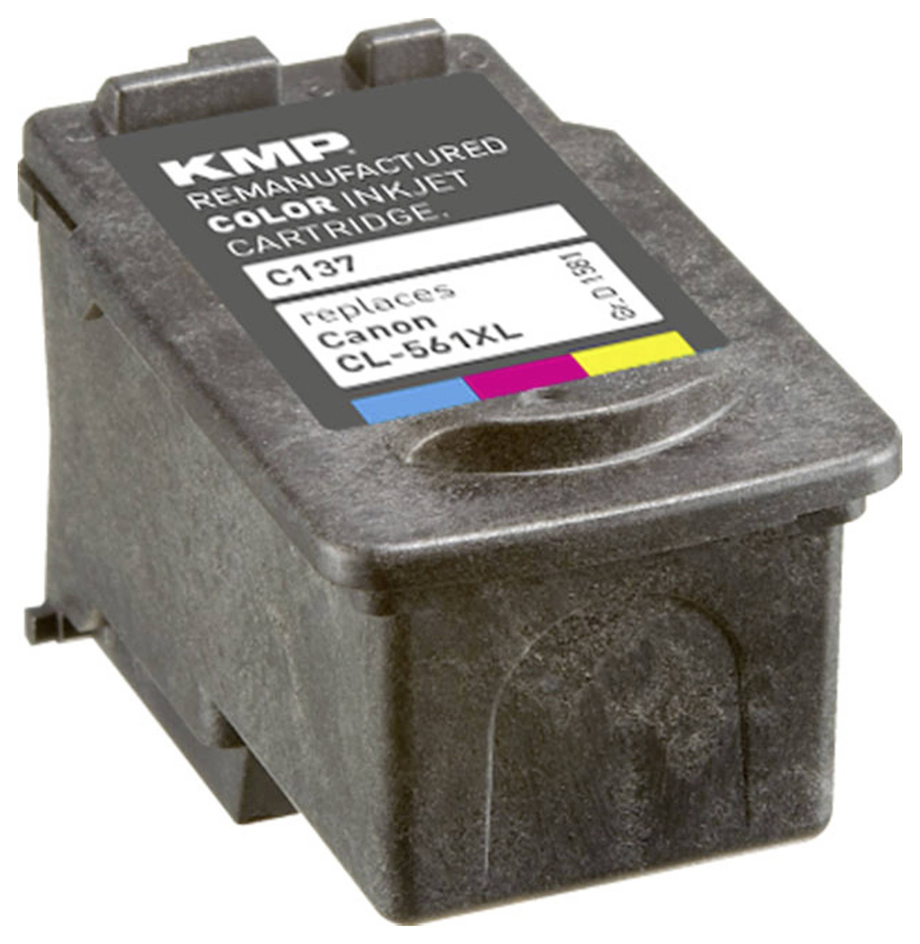 Crna ponovno proizvedena tinta za inkjet printer u boji s oznakom KMP C137, kompatibilna s Canon CL-561XL, prikazana na bijeloj pozadini.