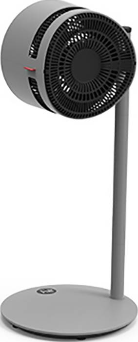 Moderan, sivo-crni stolni ventilator s kružnim rešetkastim dizajnom i zakretnom glavom na stabilnom postolju.