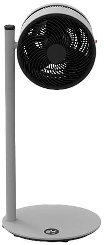 Sivi ventilator na postolju s okruglom, rotirajućom glavom na vitkom stalku.
