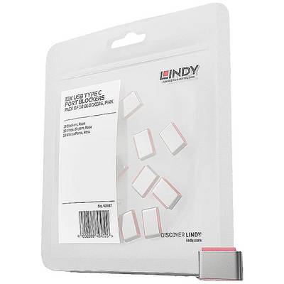 Pakiranje 'Lindy USB Type C Port Blocker-a'. Sadržava 10 ružičastih blokatora za zaštitu neiskorištenih USB-C priključaka od prašine i prljavštine.