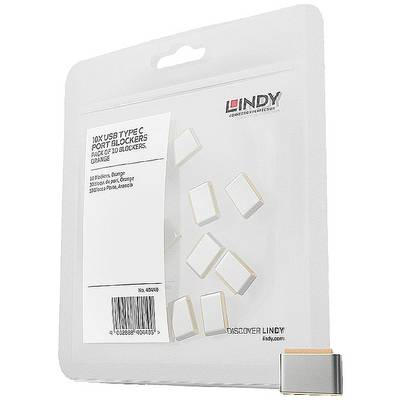 Paket od deset USB-C port blokera marke Lindy, bijele boje, u kvadratnom, ravnom obliku, za osiguranje priključaka.