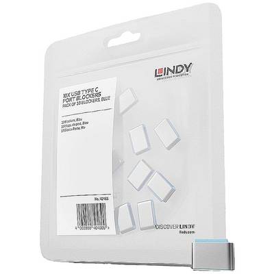 Pakiranja sadrži 10 USB Tip-C čepova u plavoj boji od tvrtke Lindy. Na prednjoj strani nalaze se slike proizvoda i podaci proizvođača.