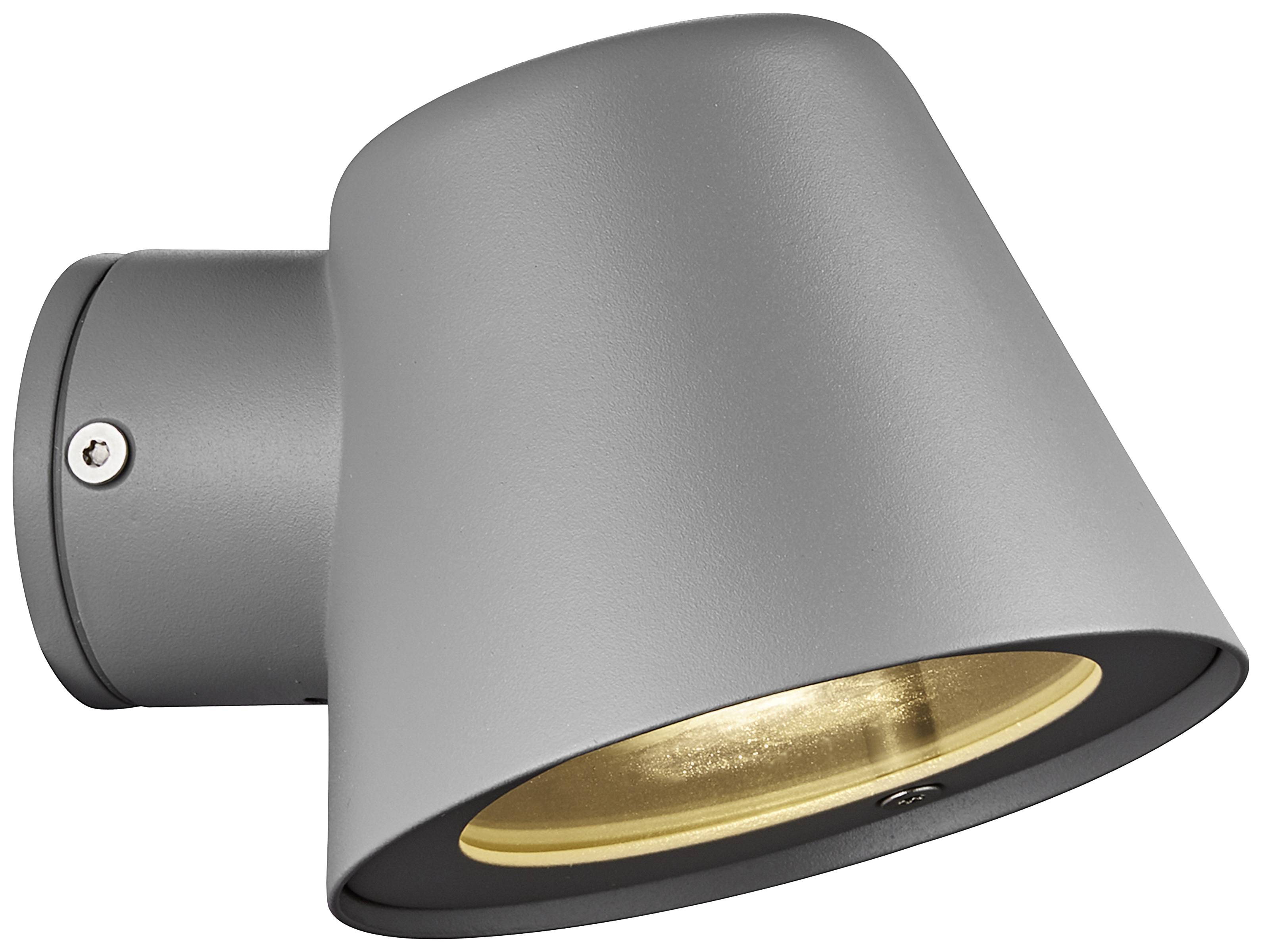 Siva zidna lampa s viziranim, blago stožastim sjenilom. Lampa ima zlatnu unutrašnju stranu.