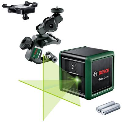 Boschov laser s križnim linijama s pripadajućom opremom poput nosača i baterija. Uređaj projektira zelene laserske linije za niveliranje.