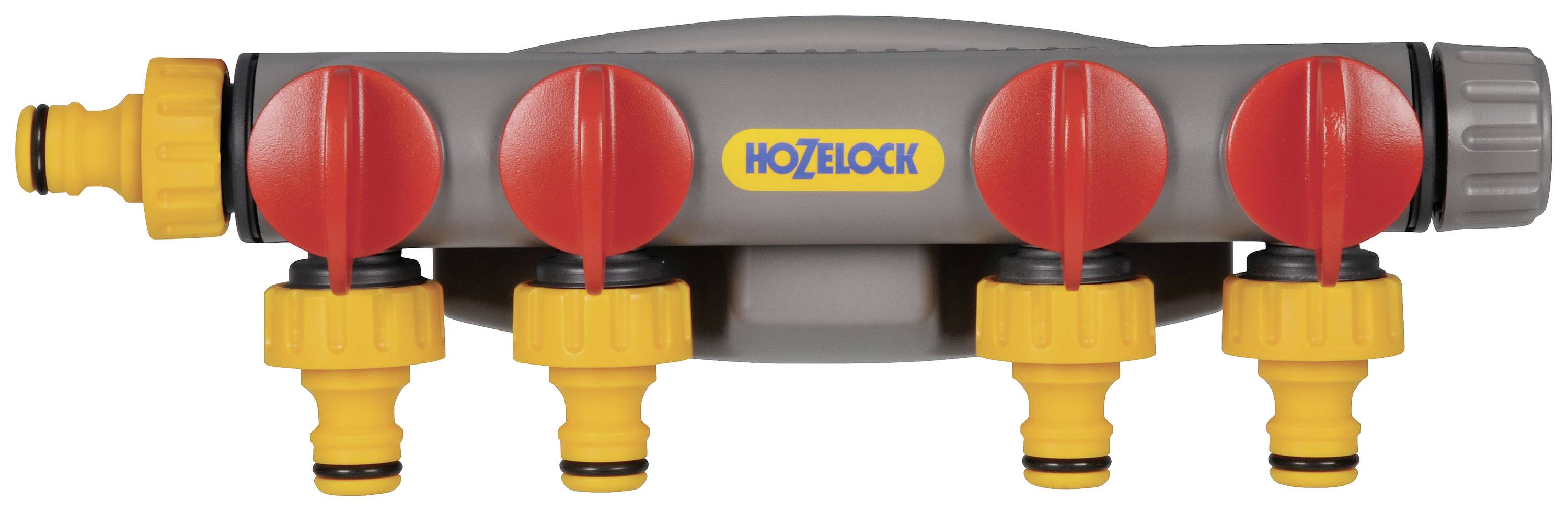 Razvodnik za vrtni crijevi marke Hozelock s pet priključaka, opremljen crvenim i žutim ventilima za kontrolu protoka vode.