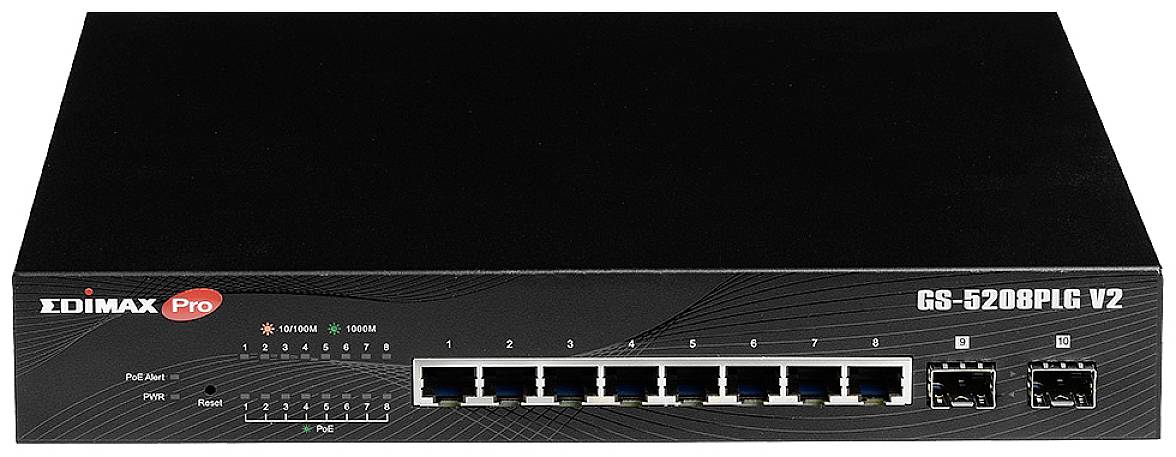 Mrežni switch s osam Ethernet priključaka i dva dodatna priključka na desnoj strani. Model: GS-5208PLG V2.