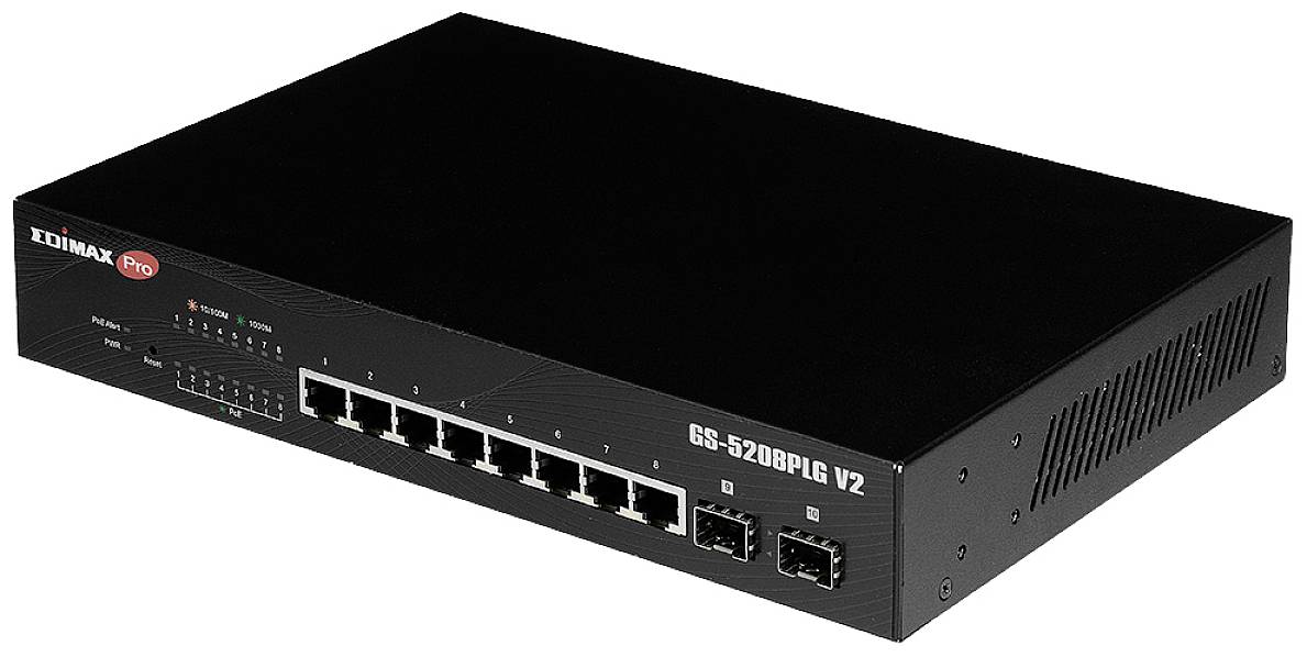 Crni mrežni switch s više Ethernet priključaka i dva optička priključka, oznake modela 'GS-5208PLG V2' na prednjoj strani.