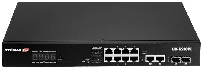 Crni mrežni switch s nekoliko Ethernet priključaka na prednjoj strani i digitalnim LED zaslonom. Model 'GS-5210PL'.