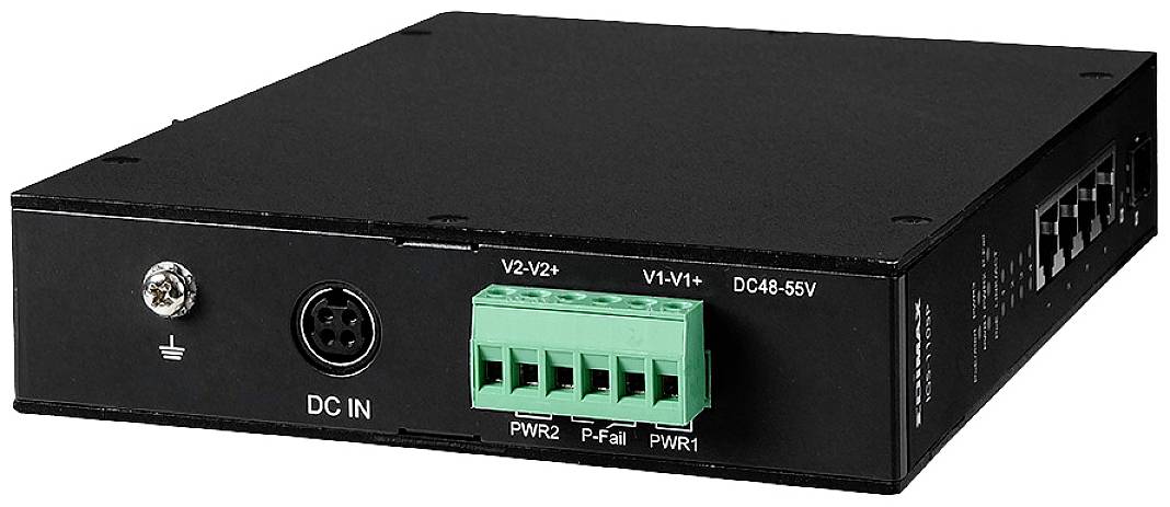 Industrijski distributer struje s više priključaka i DC-IN priključkom. Označen natpisima 'DC48-55V', 'V2+/V2-' i 'V1+/V1-'.