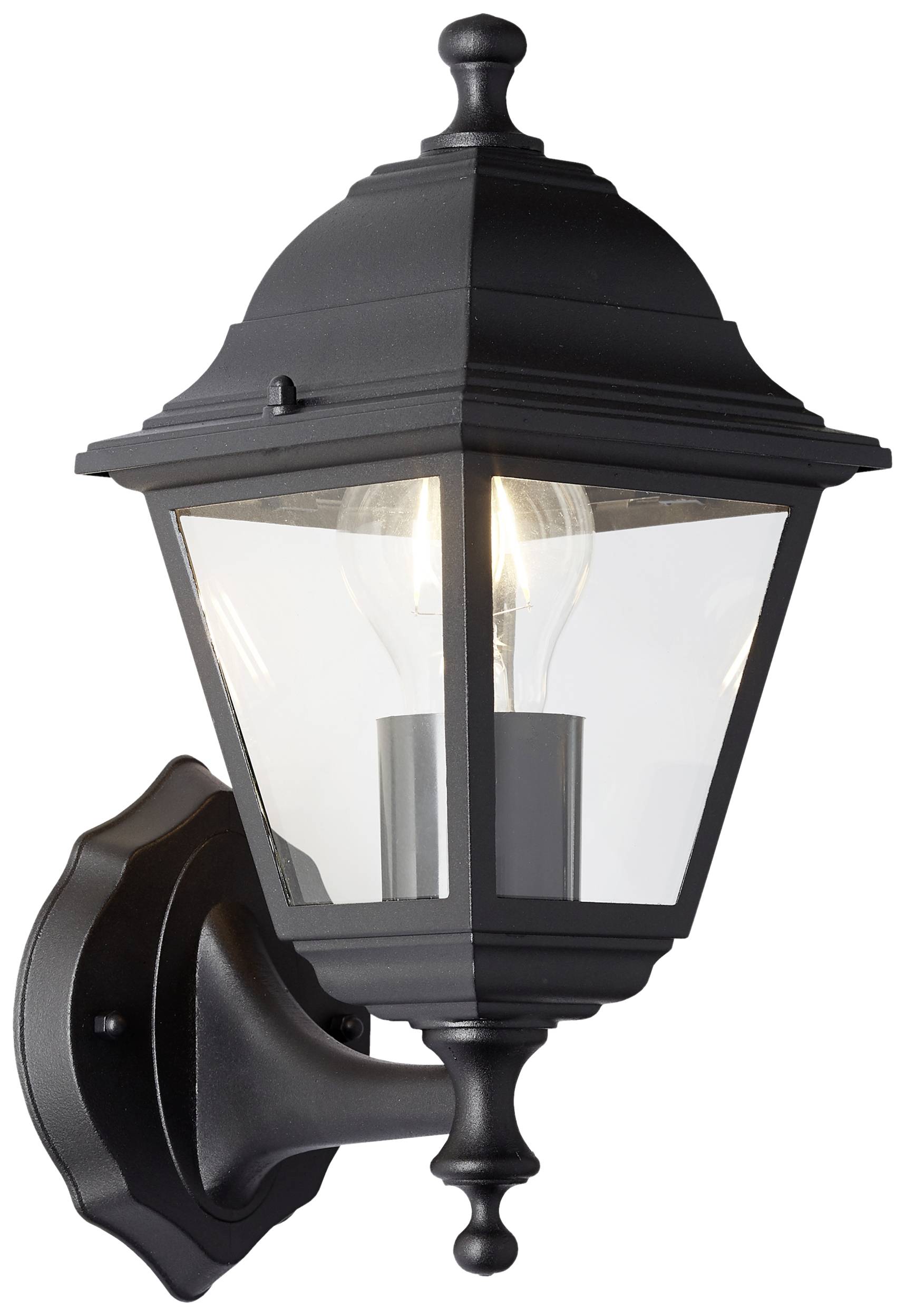 Crna vanjska zidna svjetiljka klasičnog dizajna poput lampe, pričvršćena na zidni nosač, s vidljivom žaruljom koja svijetli.