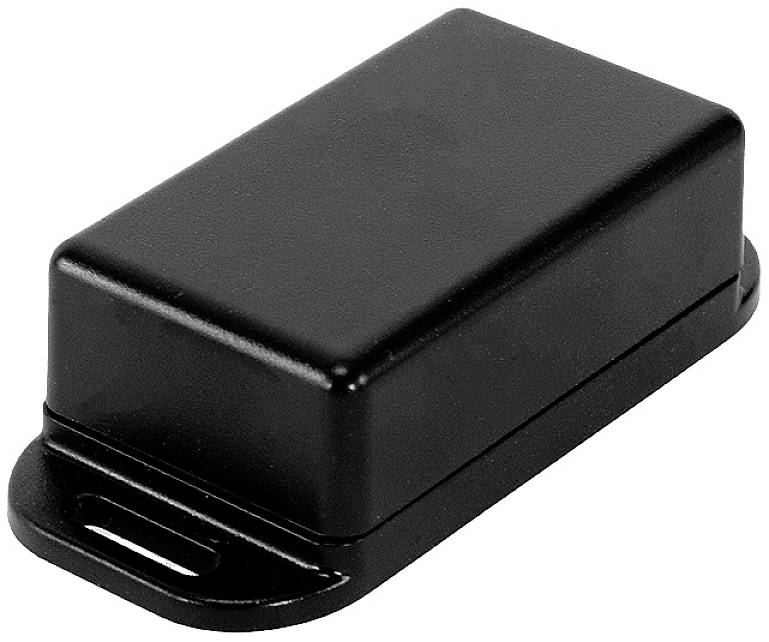 Mala, pravokutna, crna plastična kutija zaobljenih rubova koja služi kao spremnik za elektroničke komponente.