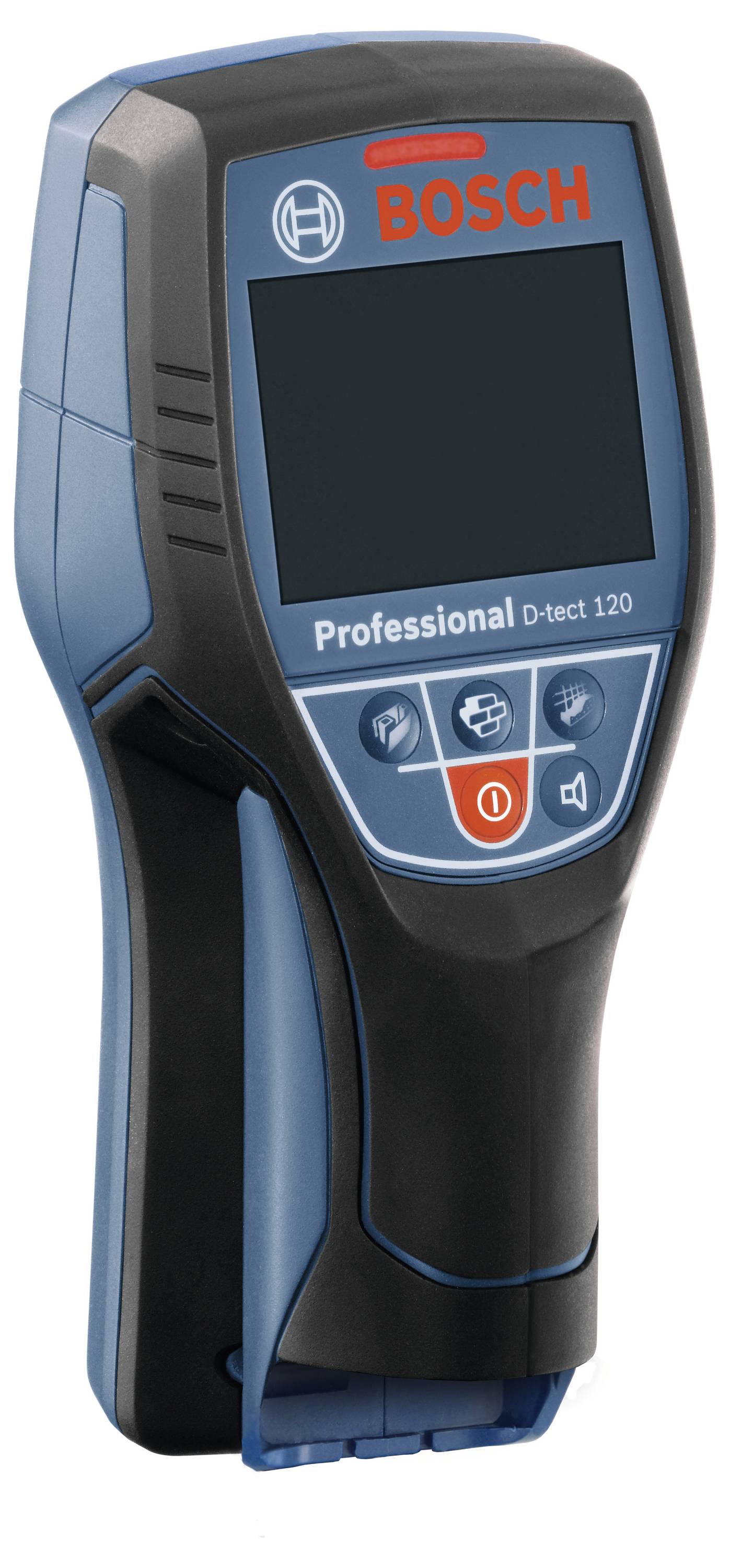 Bosch Professional D-tect 120 u plavo-crnoj boji. Ručni uređaj za otkrivanje metala, drva i vodova, s ekranom i upravljačkim tipkama.
