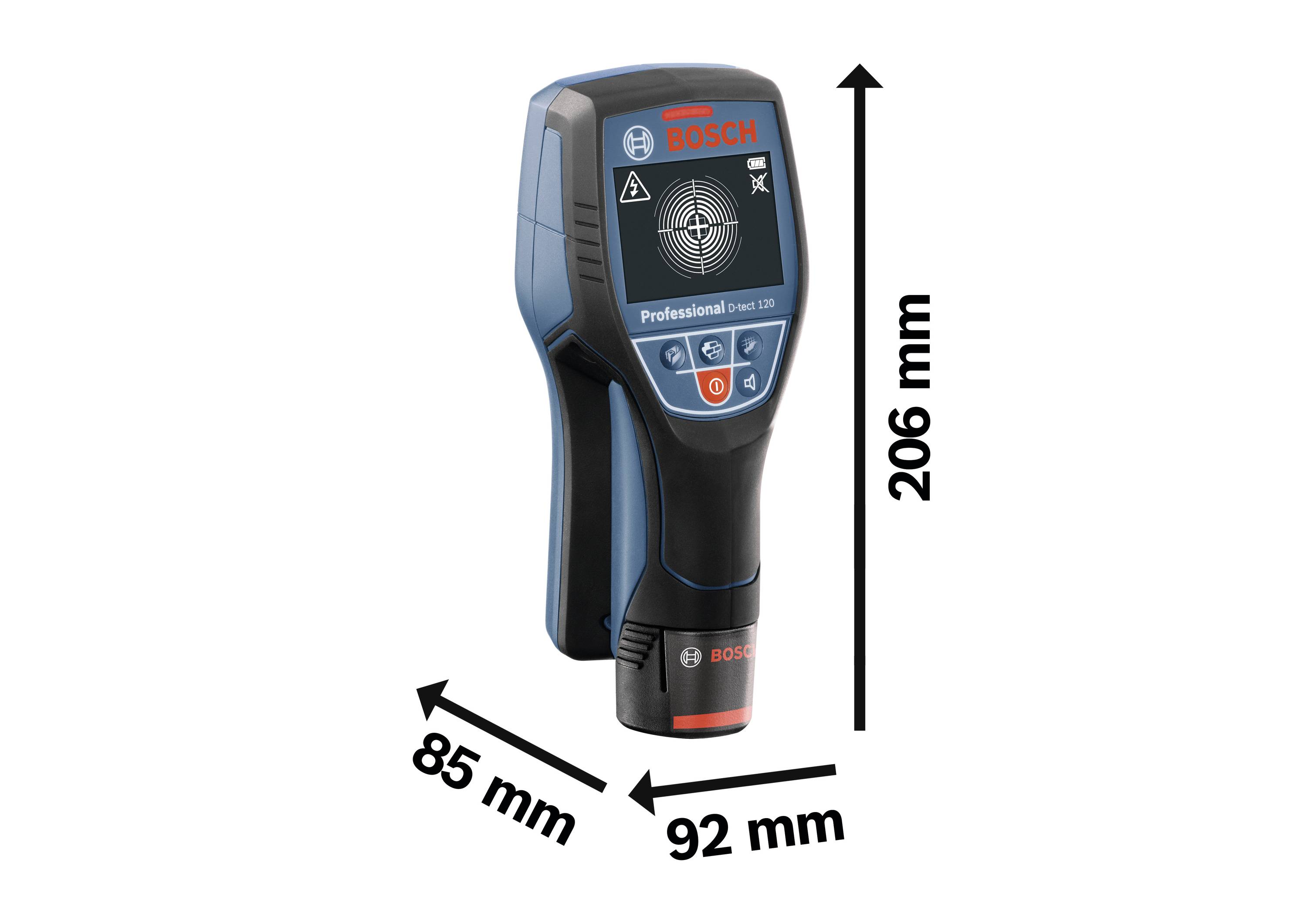 Prijenosni Bosch mjerni uređaj s digitalnim zaslonom za otkrivanje materijala. Mjere su: širina: 85 mm, dubina: 92 mm, visina: 206 mm.