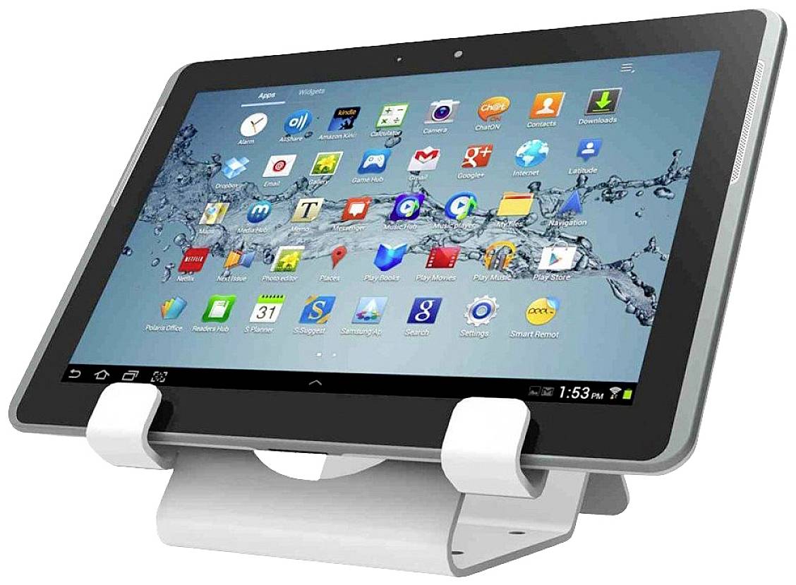 Tablet s različitimApp simbolima na zaslonu, smješten na bijelom postolju. Pozadina prikazuje morske valove.