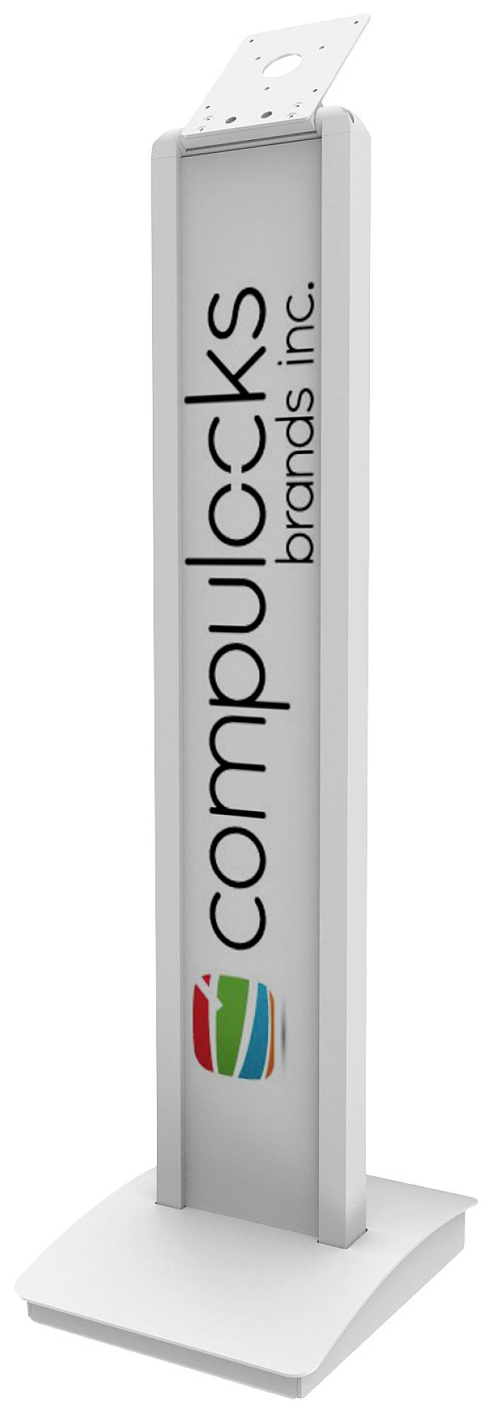 Bijeli stalak s natpisom 'Compulocks brands inc.' i šarenim logotipom ispod. Stalak ima pravokutnu bazu.
