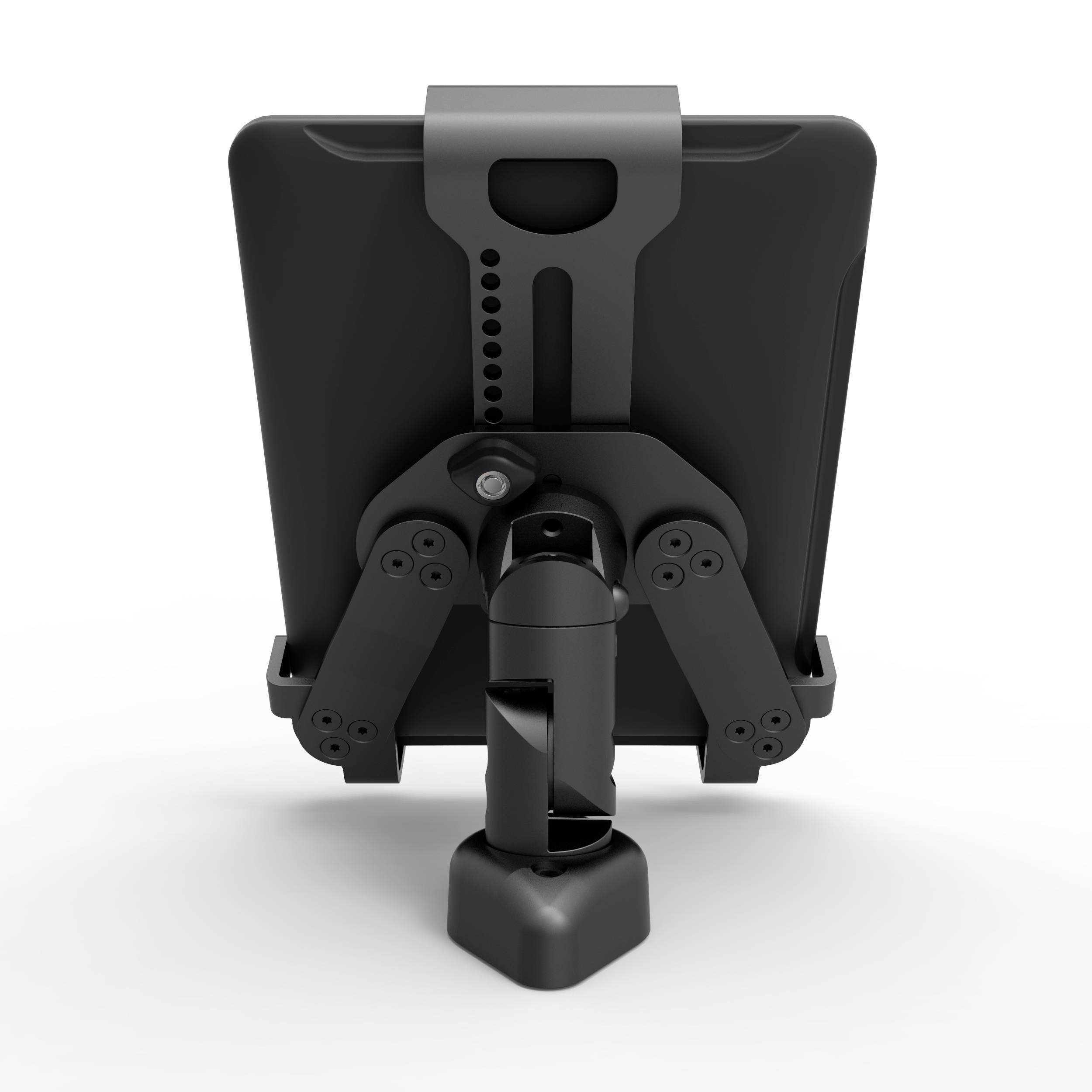Tablet u metalnom stalku s podesivom rukom, crne boje, snimljen od straga, na bijeloj pozadini.