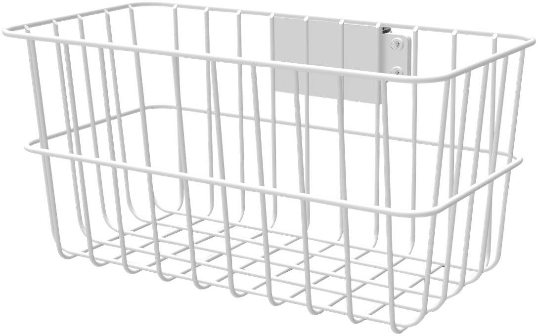 Bijeli metalni košarac za zidno pričvršćivanje, pravokutnog oblika, s rešetkastim dizajnom i pločicom za učvršćivanje, pogodan za pohranu.