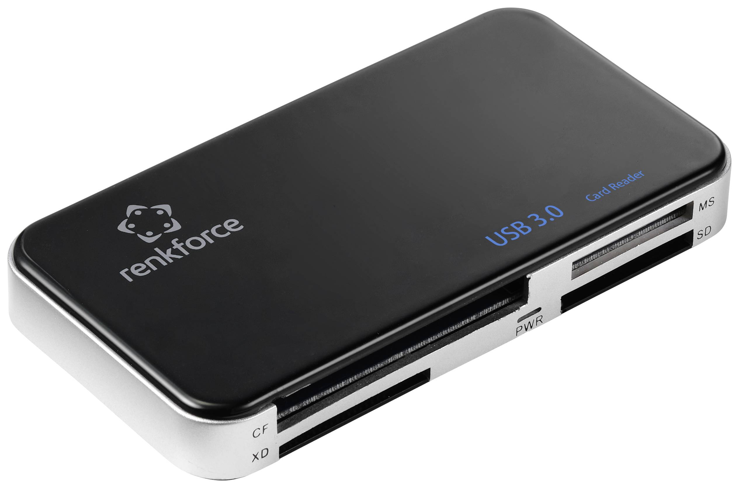 Crni USB 3.0 čitač kartica marke Renkforce s multiple utorima za različite vrste memorijskih kartica poput CF, SD i drugih.