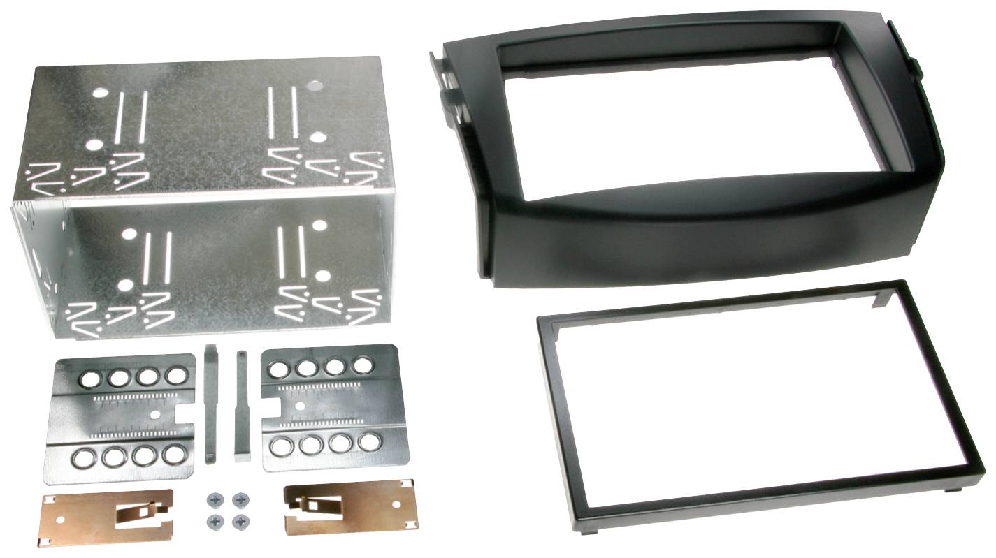Kompletan set za montažu s metalnim kućištem, crnim plastičnim okvirom i montažnim materijalom za ugradnju elektroničkih uređaja.
