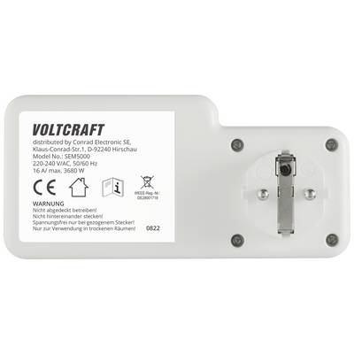 Stražnja strana bijelog Voltcraft adaptera s tehničkim detaljima: Model SEM5000, 220-240 VAC, 50/60 Hz, 16 A, maks. 3680 W.