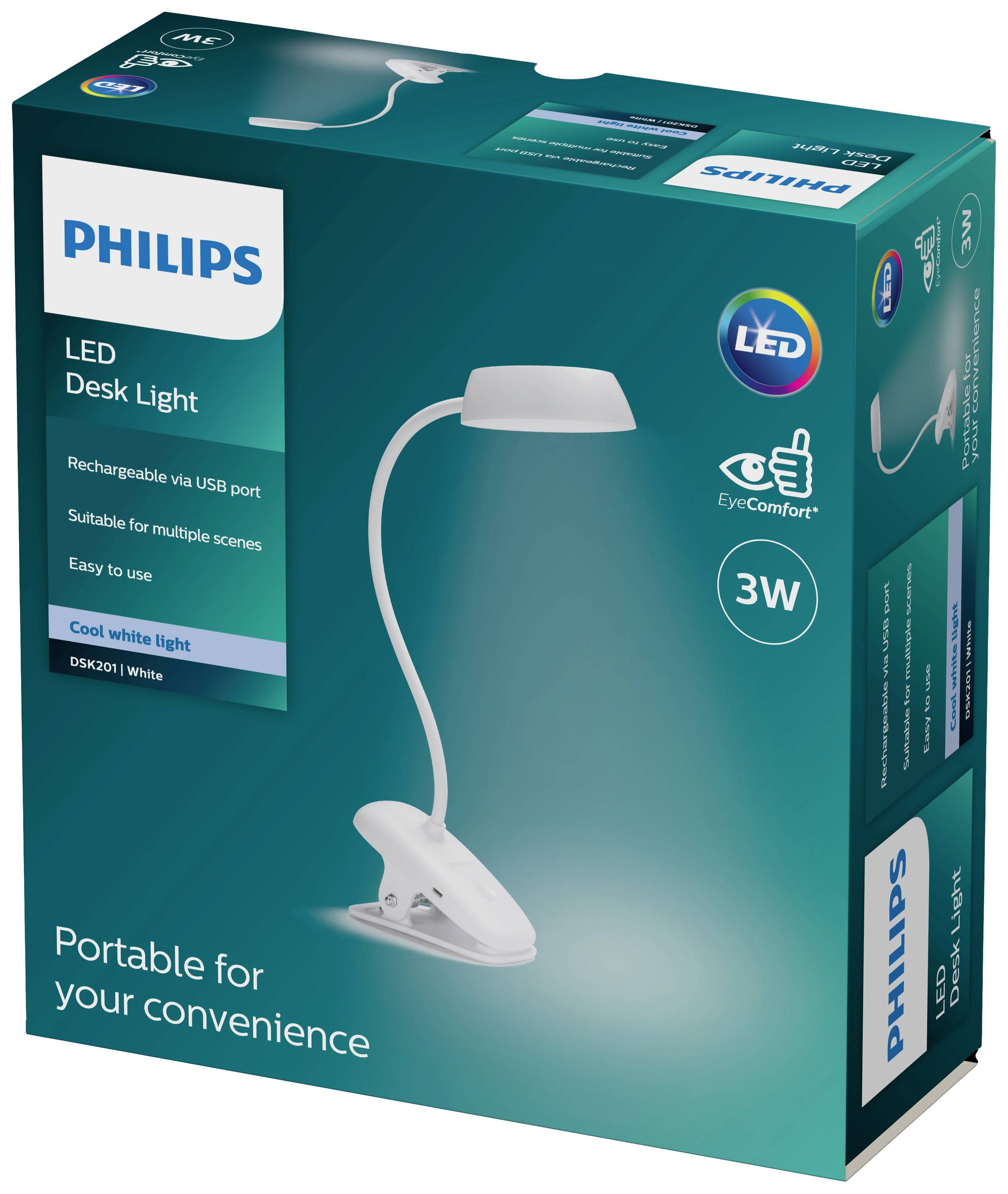 Ambalaža Philips LED stolne lampe s USB priključkom, pogodne za različite scene, energetski učinkovite, snage 3W.