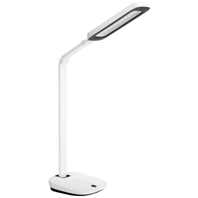 Bijela LED stolna lampa s podesivom rukom i pravokutnom, tankom glavom lampe.