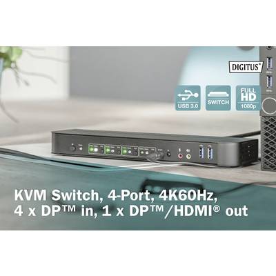 KVM-preklopnik sa 4 priključka, 4K60Hz, 4 x DP™ ulaza, 1 x DP™/HDMI® izlaz. Podržava USB 3.0. Digitus-logo gore desno.