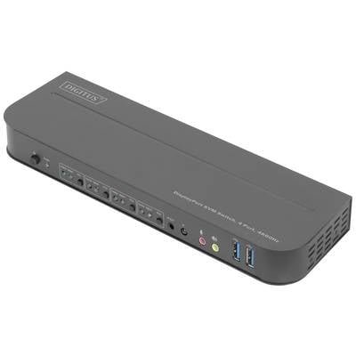 Crni KVM preklopnik s više priključaka i tipkama na prednjoj strani; označen kao 'Digitus', podržava DisplayPort.