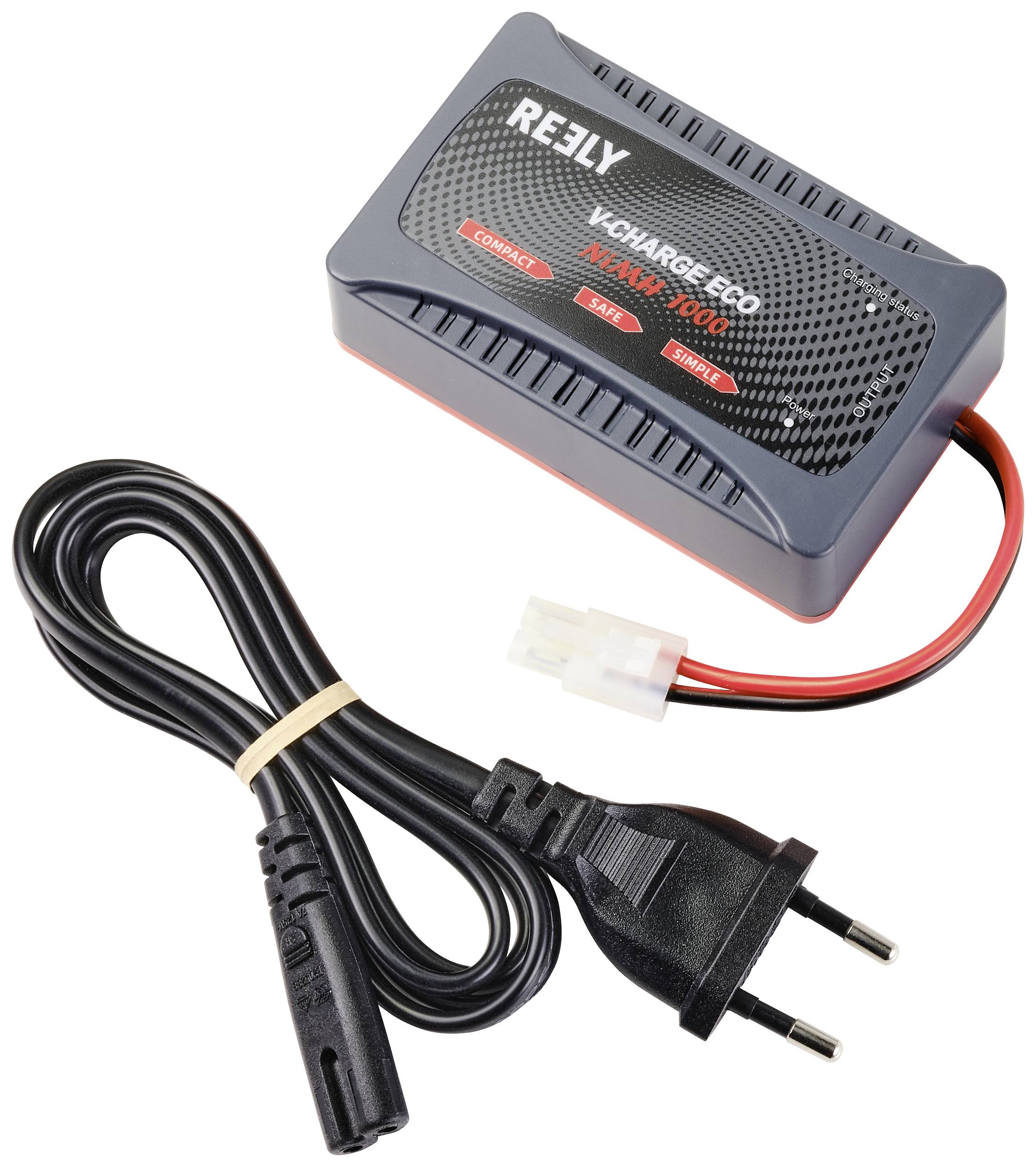 Punjač s EU utikačem i kabelom. Natpis 'REELY V-Charge Eco NiMH 4,8V-6V'. Koristi se za punjenje NiMH baterija.