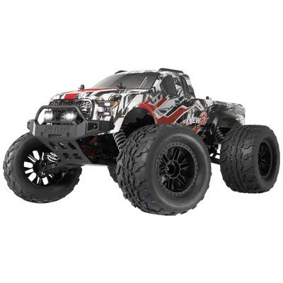 Daljinski upravljan monster truck s velikim svjetlim prolazom i debelim gumama u crno-bijelo-crvenoj dizajnu stoji na svijetloj pozadini.