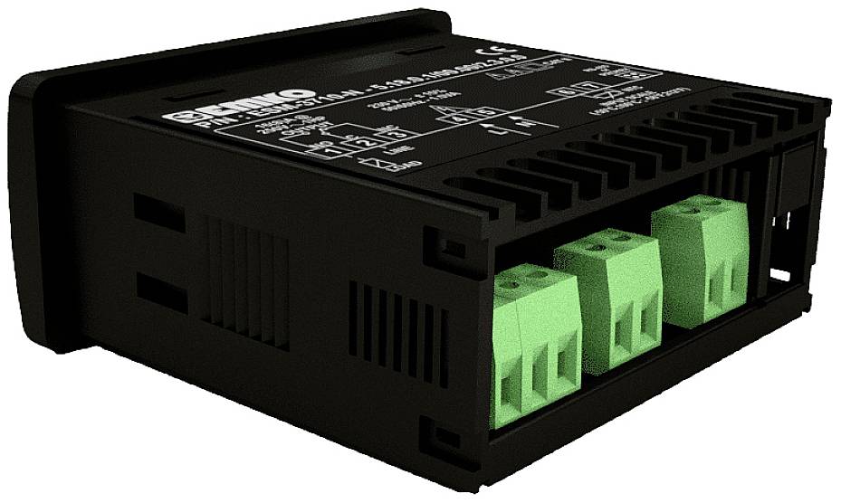 Crni elektronički ormarić s zelenim priključnim stezaljkama sprijeda; tehnički dijagrami i specifikacije vidljivi gore.