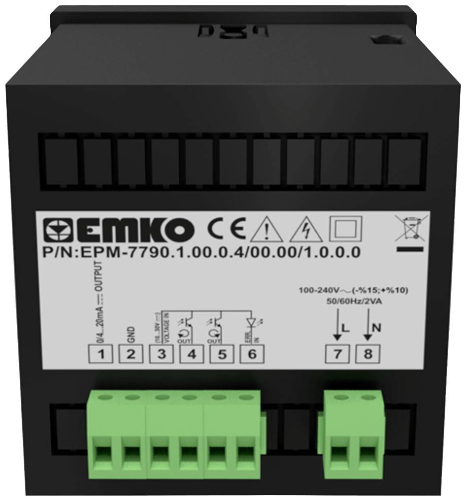 Crni elektronički uređaj s priključcima i natpisom: 'EMKO'. Oznaka: EPM-7790. Tehnički simboli i specifikacije vidljivi.