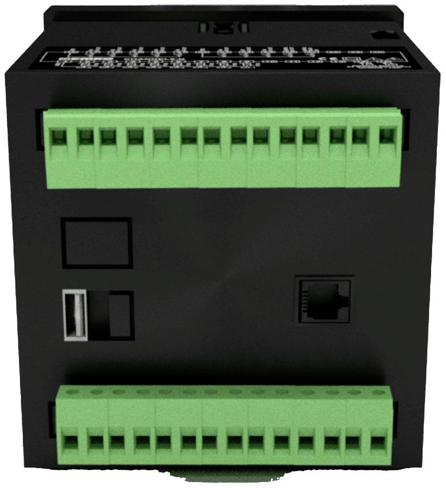 Crna elektronička naprava s zelenim priključnim stezaljkama na gornjoj i donjoj strani. Na bočnoj strani ima USB i Ethernet priključke.