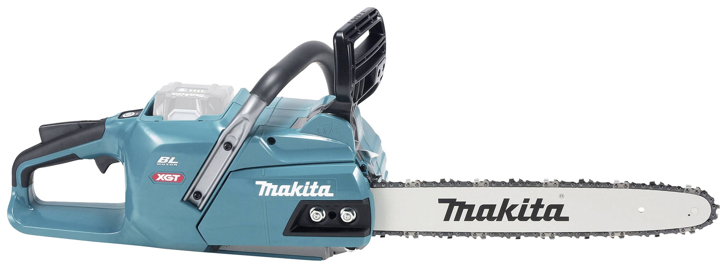 Baterijska Makita motorna pila, teal zelene boje s crnom ručkom, srebrno mač s crnim lancem, logotip marke.
