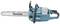 Plava motorna pila marke Makita, položena vodoravno, s crnom ručkom i dugim srebrnim lancem.