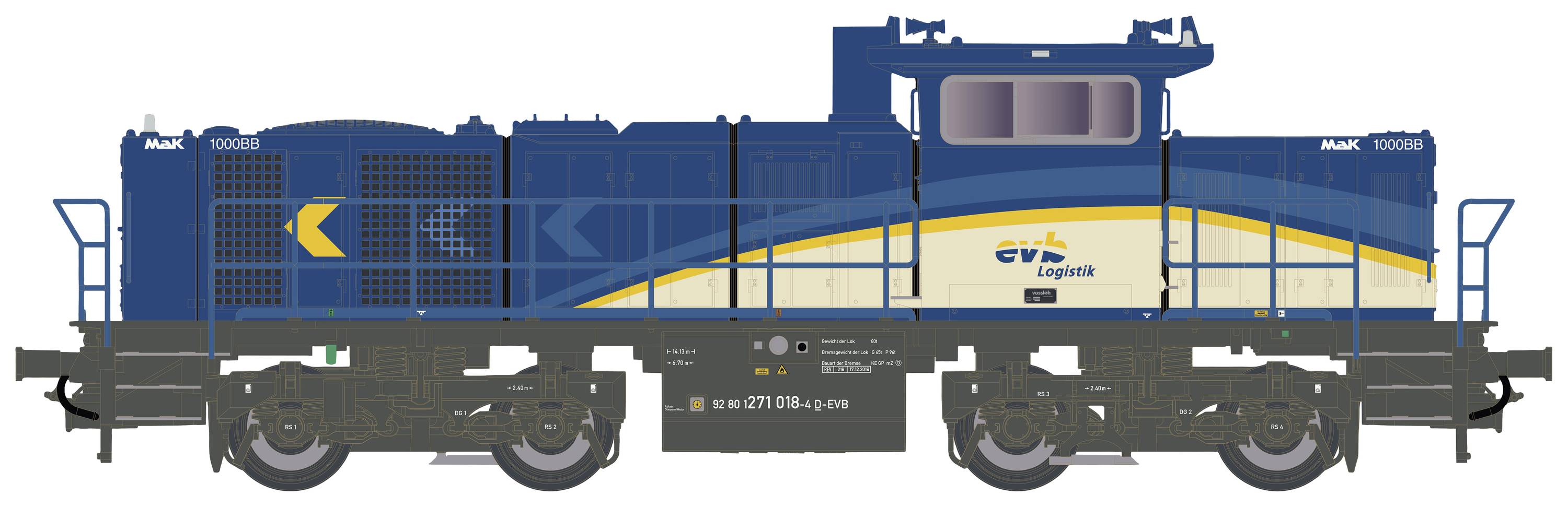 Plava i bijela lokomotiva marke Vossloh. Na boku nosi logo tvrtke GVB Logistik.